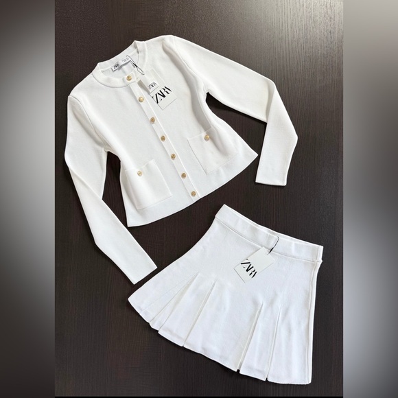 Zara Dresses & Skirts - Zara Cream Cardigan and Skirt Set with Gold Accents
